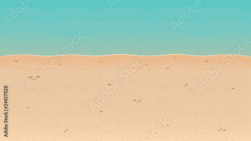 Summer time. Summer background with sandy beach and sea. Background for banner, poster or landing page. Vector illustration