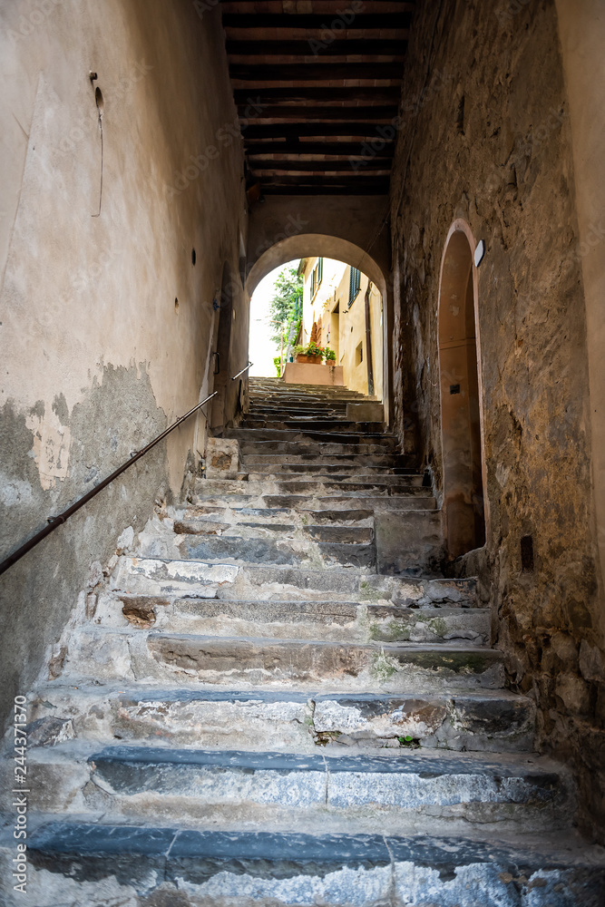 Montalcino, Italy narrow alley street up through passage in small historic medieval town village in Tuscany with nobody green plants colorful walls and steps
