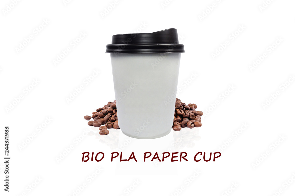 Bio paper cup of coffee to go with coffee beans on white background and ...