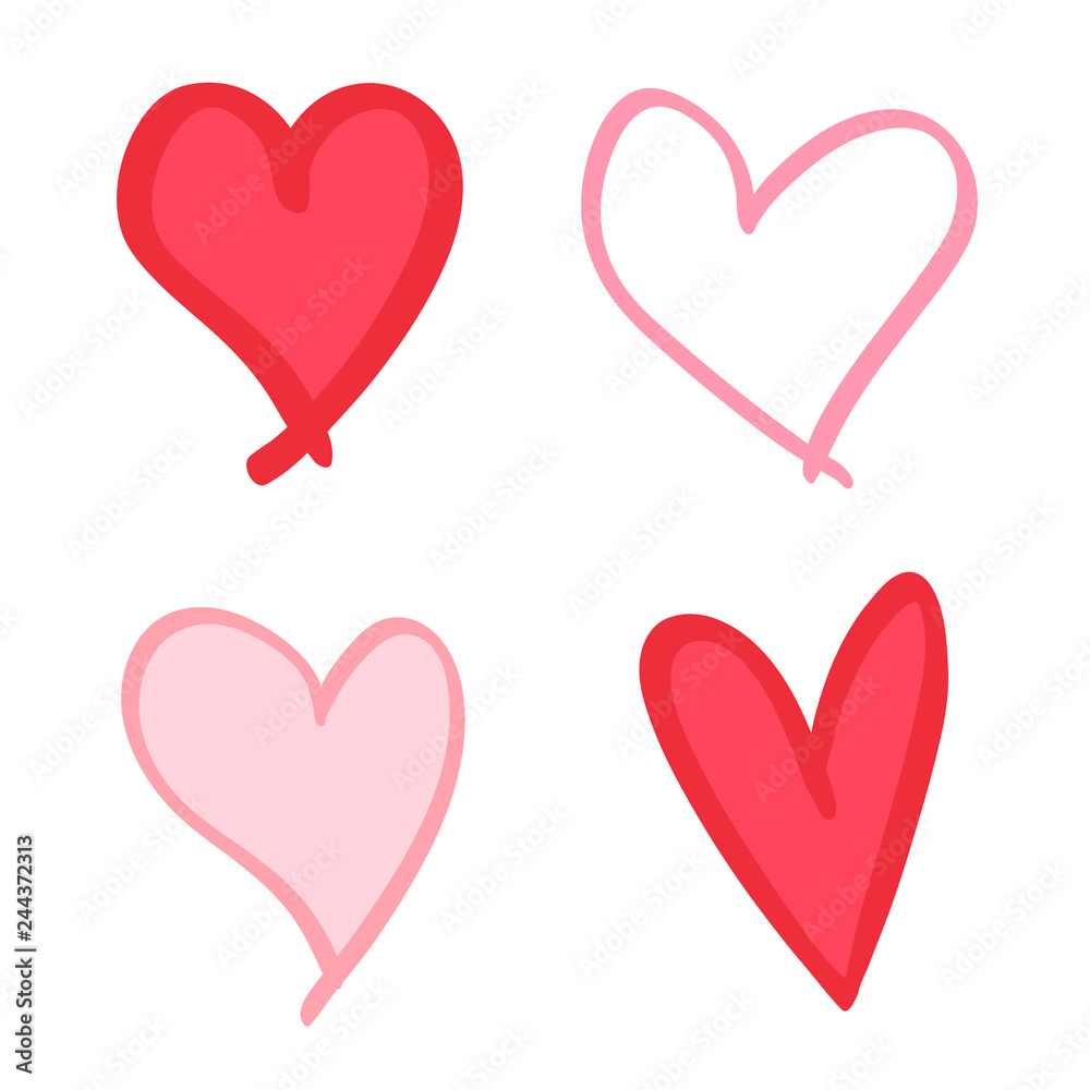 Colorful trendy hearts on isolated white background. Hand drawn set of love signs. Abstract image for design. Line art creation. Colored illustration. Sketchy elements for artworks