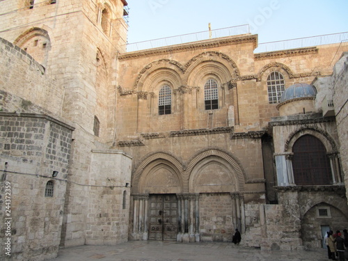 view on main entrance in at the Church of the Holy Sepulchre in Old City of Jerusalem