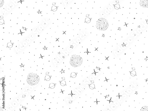 Cosmos, space, planets, stars seamless pattern. Space, univrse black and white sketch. Galaxies and stars cute doodle baby elements. Childish background. Hand drown design for kids Vector illustration