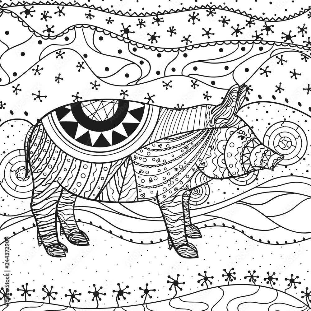 Obraz premium Intricate wallpaper with pig. Wavy ornaments on white. Abstract eastern pattern. Hand drawn texture with abstract patterns on isolation background. Design for spiritual relaxation for adults