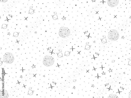 Cosmos, space, planets, stars seamless pattern. Space, univrse black and white sketch. Galaxies and stars cute doodle baby elements. Childish background. Hand drown design for kids Vector illustration