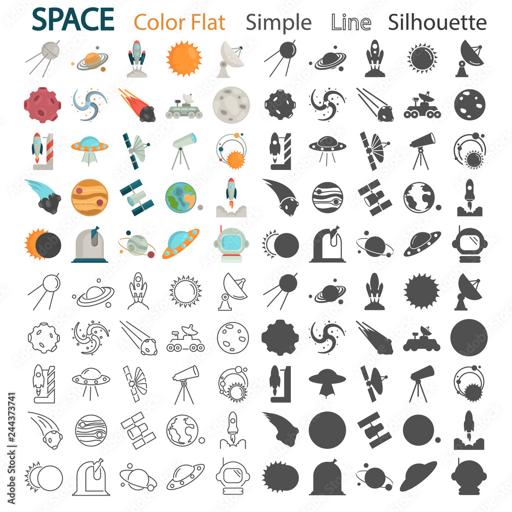 Space color flat, line, simple, silhouette icons set for web and mobile design