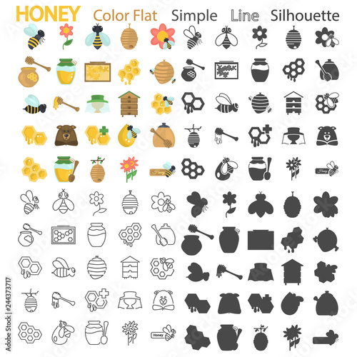 Honey color flat, simple, line and silhouette icons set for web and mobile design