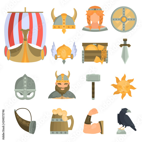 Viking culture color flat icons for web and mobile design