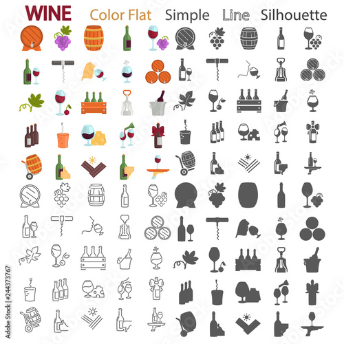 Wine color flat, simple, line and silhouette icons set for web and mobile design
