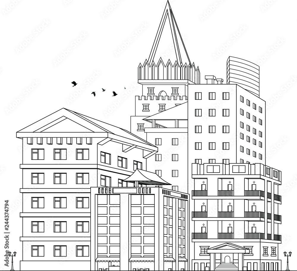 Contour drawing.Urban landscape concept. Sketch city line art. Vector illustration. Modern office.