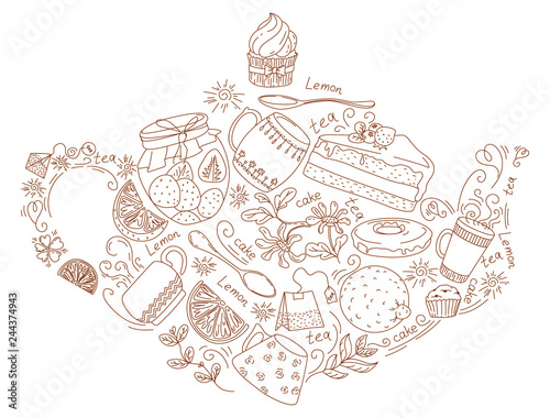 Set of elements for tea in the form of a teapot: kettle, spoon, tea bag, sugar bowl, milkman, lemon, jam, Cup. Doodle style. Vector