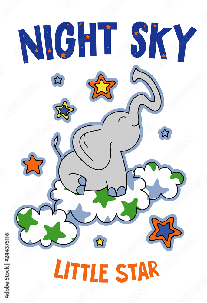 Cute elephant on a cloud cartoon hand drawn vector illustration. Can be used for t-shirt print, kids wear fashion design, childrens pyjamas, baby shower, invitation card, poster. Little star.