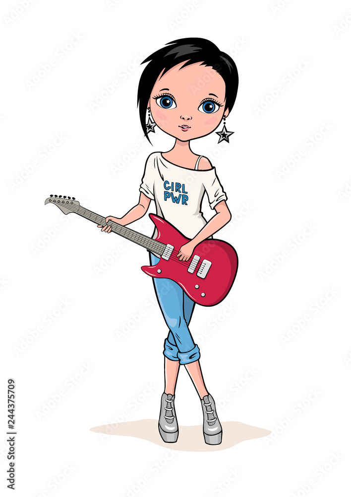 Cute cartoon fashion Girl with red electric guitar. Isolated funny hand drawn character on the white background. Vector illustration. Cute cartoon fashion Girl with red electric guitar. Isolated funny hand drawn character on the white background. Vector illustration.