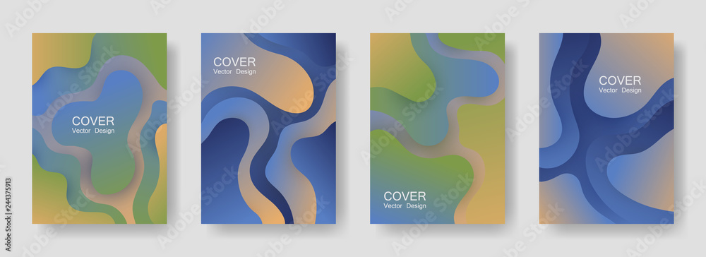 Gradient fluid shapes abstract covers vector collection. Modern magazine backgrounds design. Flux paper cut effect blob elements backdrop, fluid wavy shapes texture print. Cover pages.