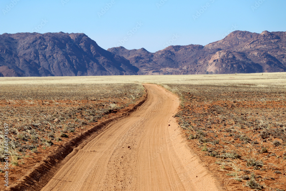 endless long road through the grass steppe with mountains - Namibia Africa