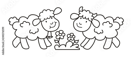 sheep with bell and lamb, cute picture, coloring book	