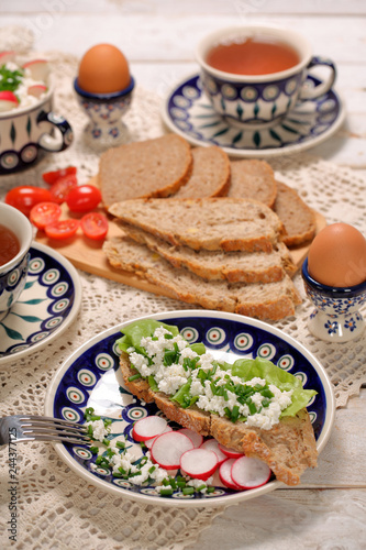 Whole wheat bread with organic farming cottage cheese on healthy breakfast
