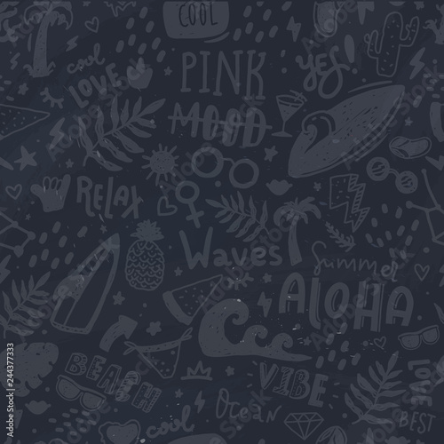 Black Summer seamless pattern with doodle icons and lettering. Modern wallpaper decoration with surf board, sun, watermelon , waves