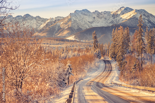 Winter road landscape, snowy Tatra mountains, Poland