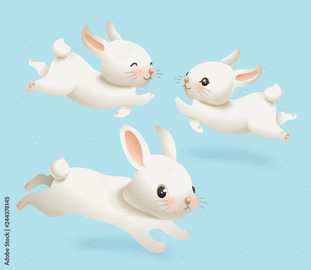 Cute Little White Bunny Vector Illustration Set. Spring Happy Rabbit Character Pose Collection Isolated on Blue Background for Print Poster. Advertising Holiday Mascot Flat Cartoon Style Cute Little White Bunny Vector Illustration Set. Spring Happy Rabbit Character Pose Collection Isolated on Blue Background for Print Poster. Advertising Holiday Mascot Flat Cartoon Style