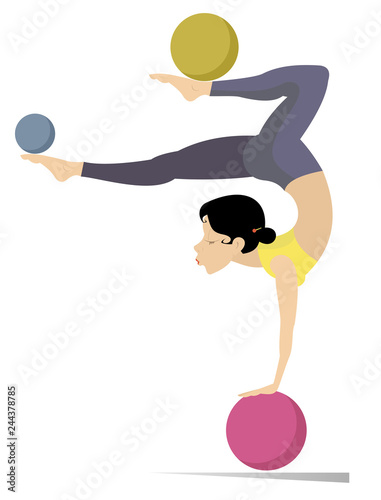 Woman with lithe figure does exercises with the balls vector illustration. Young woman standing legs up on the ball and doing exercises with the balls by legs isolated on white illustration
