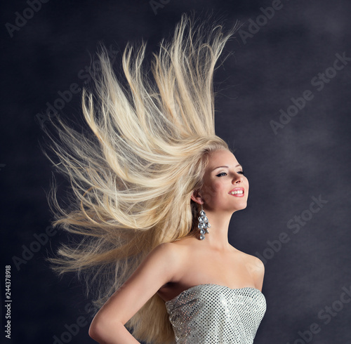 Fashion Model Long Hair, Happy Young Woman with Flying Hairstyle, Girl Hair Care and Treatment