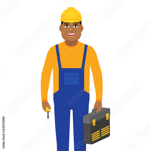 Male builder dressed in workwear and a construction helmet and holds construction tools, character flat style vector illustration