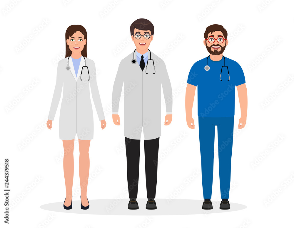 Doctors dressed in medical uniform, two men and one woman characters in flat style, vector illustration Doctors dressed in medical uniform, two men and one woman characters in flat style, vector illustration