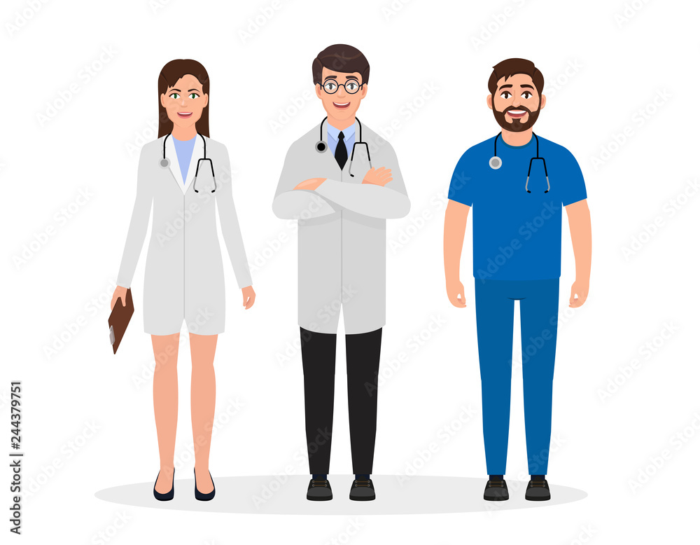 Doctors dressed in medical uniform, two men and one woman characters in flat style, professional employment vector illustration Doctors dressed in medical uniform, two men and one woman characters in flat style, professional employment vector illustration