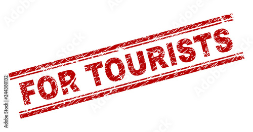 FOR TOURISTS seal print with corroded texture. Red vector rubber print of FOR TOURISTS tag with corroded texture. Text tag is placed between double parallel lines.