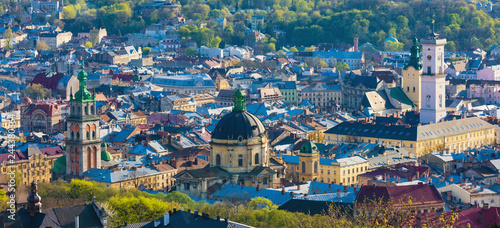 Aerial view of historical old town district in Lviv, Ukraine.