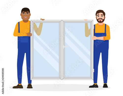 Construction workers in overalls hold a window, install a plastic window, flat characters vector illustration