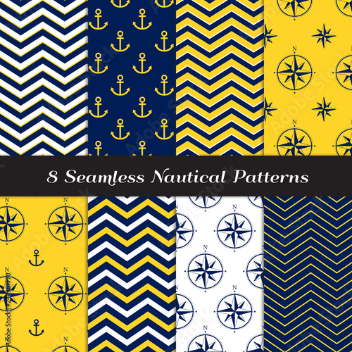 Nautical Navy Blue, Yellow and White Vector Patterns with Anchors, Compasses and Chevron. Royal Blue Marine Theme Backgrounds. Repeating Pattern Tile Swatches Included.