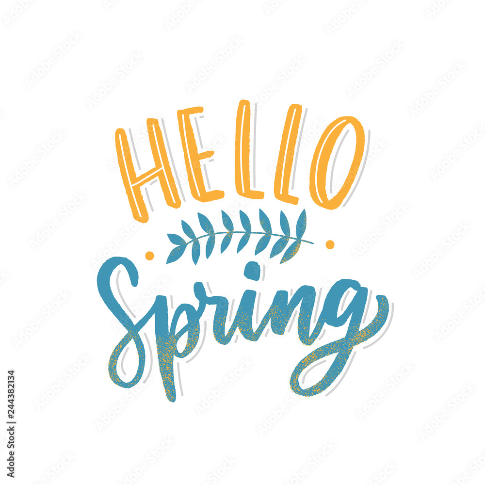 Hand drawn lettering hello spring for print, card, banner. Typography hello spring with leaves. Hand drawn lettering hello spring for print, card, banner. Typography hello spring with leaves.