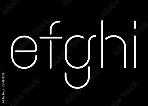 Neon linear tube font, uppercase and lowercase grotesque sans serif typography, soft and light minimalistic stencil letters for neon signs and advertising boards 