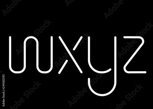 Neon linear tube font, uppercase and lowercase grotesque sans serif typography, soft and light minimalistic stencil letters for neon signs and advertising boards 