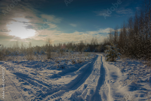 Winter snow landscape in the rays of the setting sun on December day.