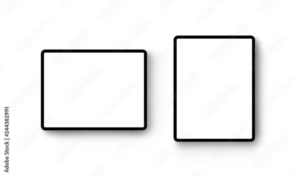 Black tablet computers horizontal and vertical mockup isolated on white background - front view. Vector illustration Black tablet computers horizontal and vertical mockup isolated on white background - front view. Vector illustration