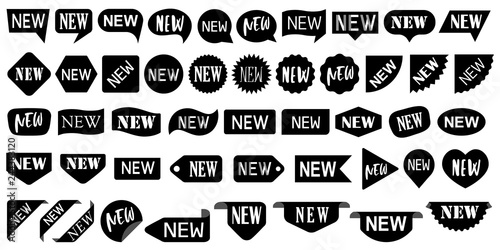 Black NEW speech bubbles, sale labels set.