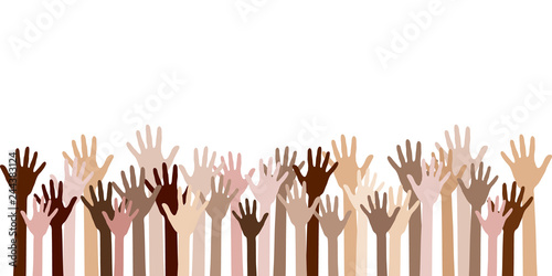Diversity of human hands raised.