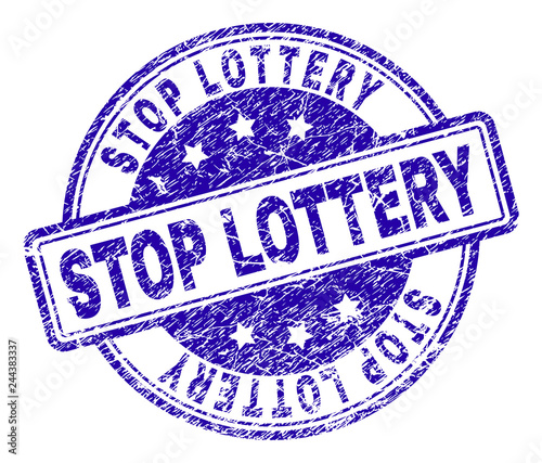 STOP LOTTERY stamp seal imprint with grunge effect. Designed with rounded rectangles and circles. Blue vector rubber print of STOP LOTTERY title with grunge texture.
