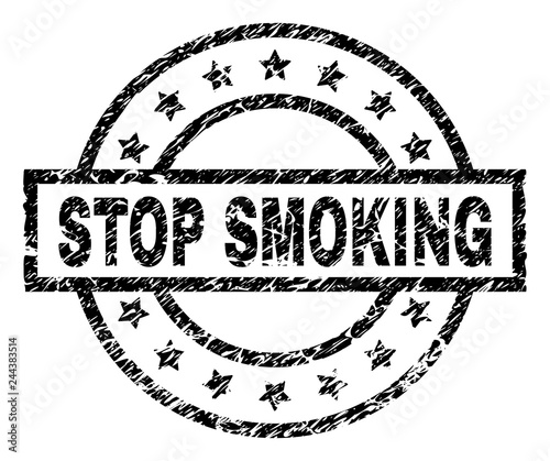 STOP SMOKING stamp seal watermark with distress style. Designed with rectangle, circles and stars. Black vector rubber print of STOP SMOKING label with unclean texture.