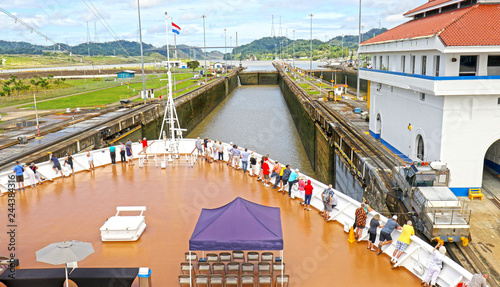Cruise ship Approaching Locks at Panama Canal, Panama. Unrecognizable People