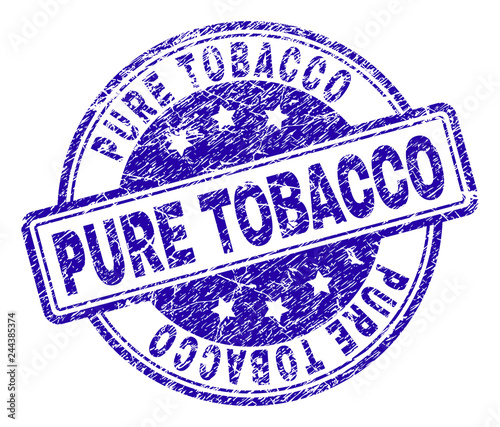PURE TOBACCO stamp seal watermark with grunge effect. Designed with rounded rectangles and circles. Blue vector rubber print of PURE TOBACCO text with grunge texture.
