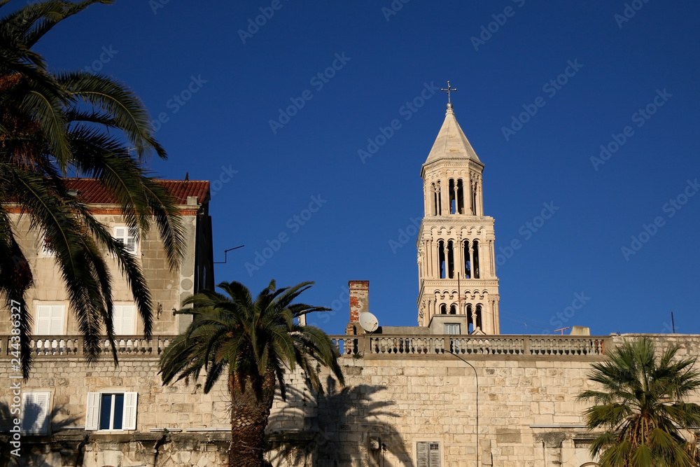 Historical building on Riva Promenade in Split, Croatia with Saint Domnius bell tower, landmark in Split. 