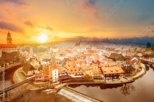 Aerial view panorama of the old Town of Cesky Krumlov in South Bohemia, Czech Republic during sunset. World heritage Site and famous place for tourism in Bohemia, Czech Republic