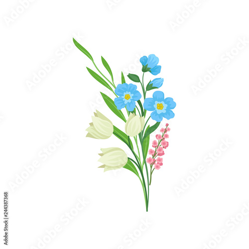 Bouquet of spring flowers with green leaves. Nature and flora theme. Flat vector design for greeting card