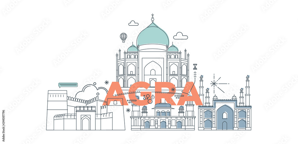 Typography word Agra branding technology concept. Collection of flat vector web icons. Indian culture travel set, architectures, specialties detailed silhouette. Doodle Asian famous landmarks