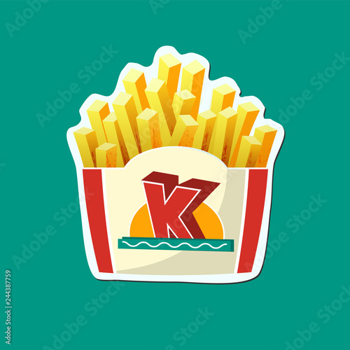 French Fries potato fast food in Carton Package Box Sticker on Green background