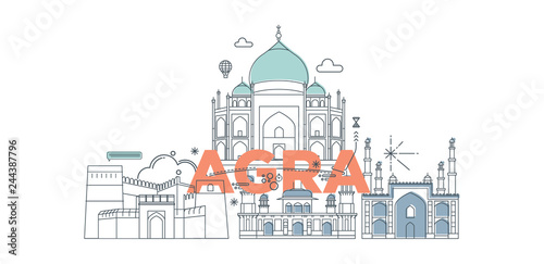 Typography word Agra branding technology concept. Collection of flat vector web icons. Indian culture travel set  architectures  specialties detailed silhouette. Doodle Asian famous landmarks
