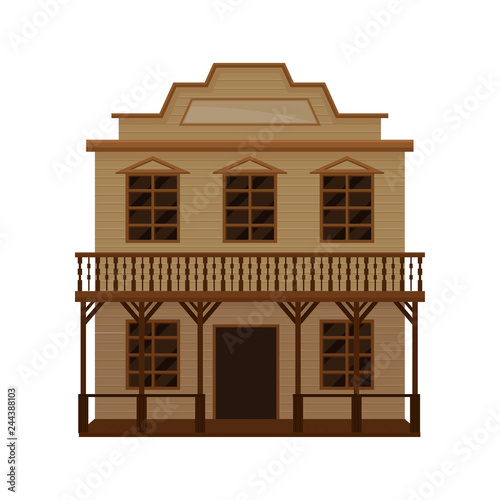 Old wild west saloon with porch, balcony and blank signboard. Wooden western house. Flat vector design